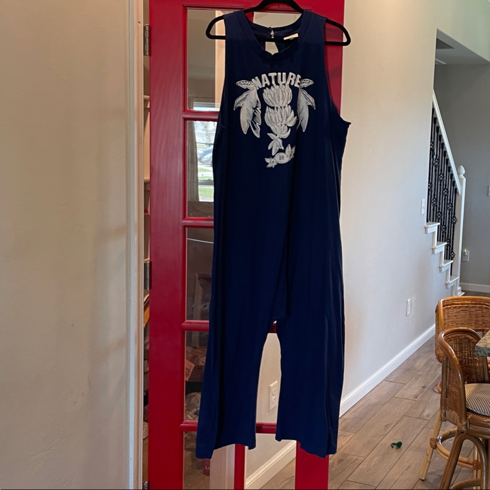 FARM Rio Navy Blue Sleeveless Jumpsuit with White Nature Graphic
